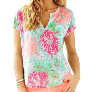 LILLY PULITZER Womens Duval Top Large Pink Green Beach Walk Poolside Linen NWOT